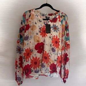 Fate Floral Peasant Blouse in Cream with Red and Orange Flowers